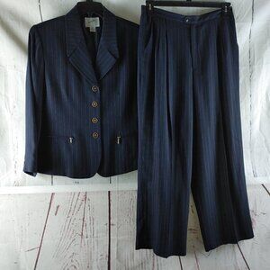 Jacqueline Ferrar Size 16 Blue Striped 4 Btn Lined 2pc Pants Suit 31x25.5 Plted
